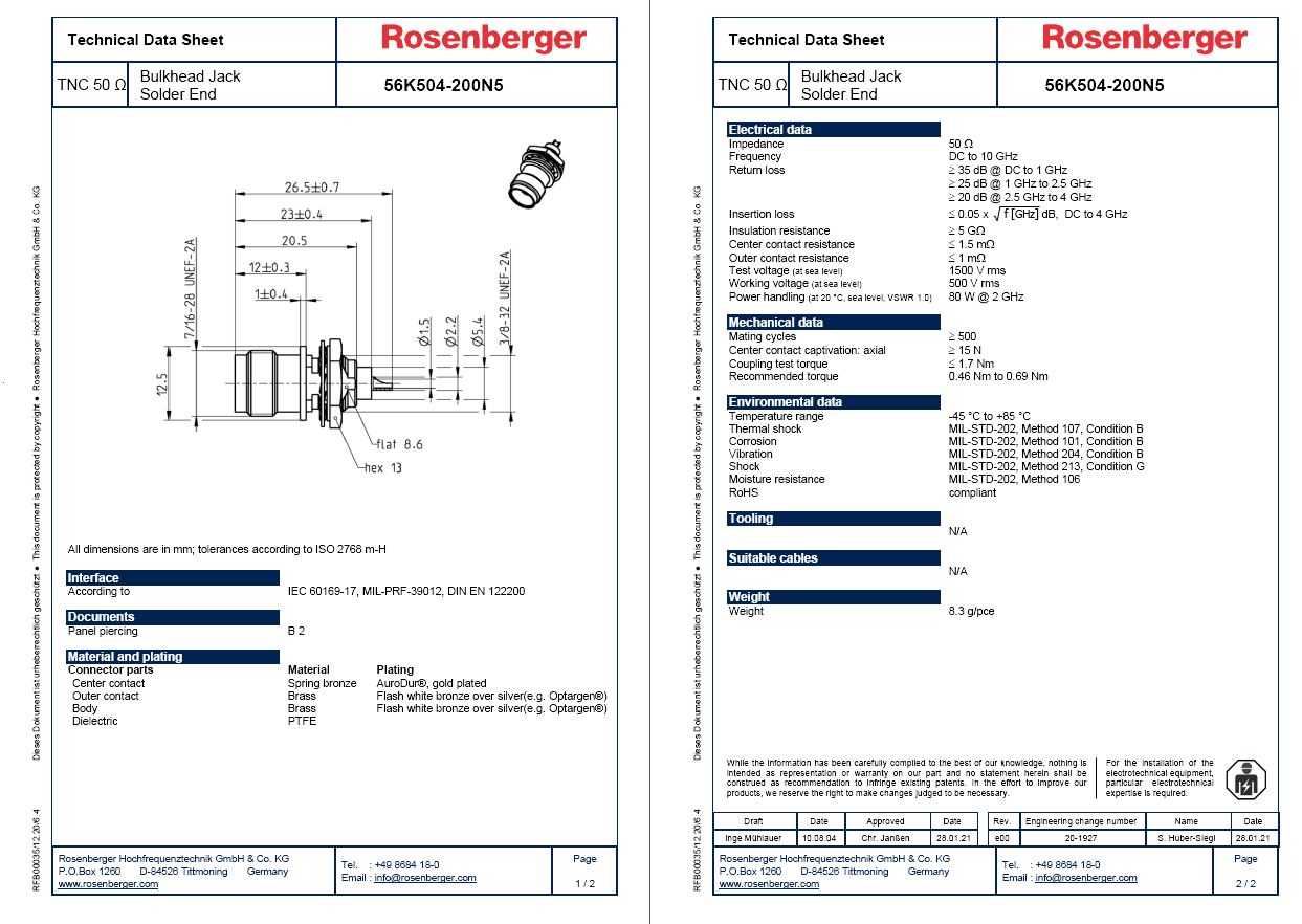 Rosenberger 10 GHz TNC同轴隔板连接器